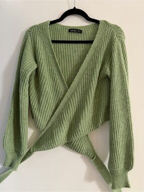 Boohoo Sage Green Wrap Ribbed V-Neck Sweater